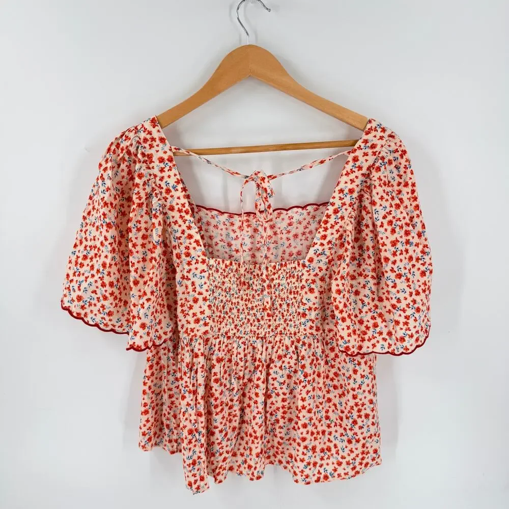 Old Navy Floral Babydoll Top Red Blue Medium Cottagecore Coastal Summer